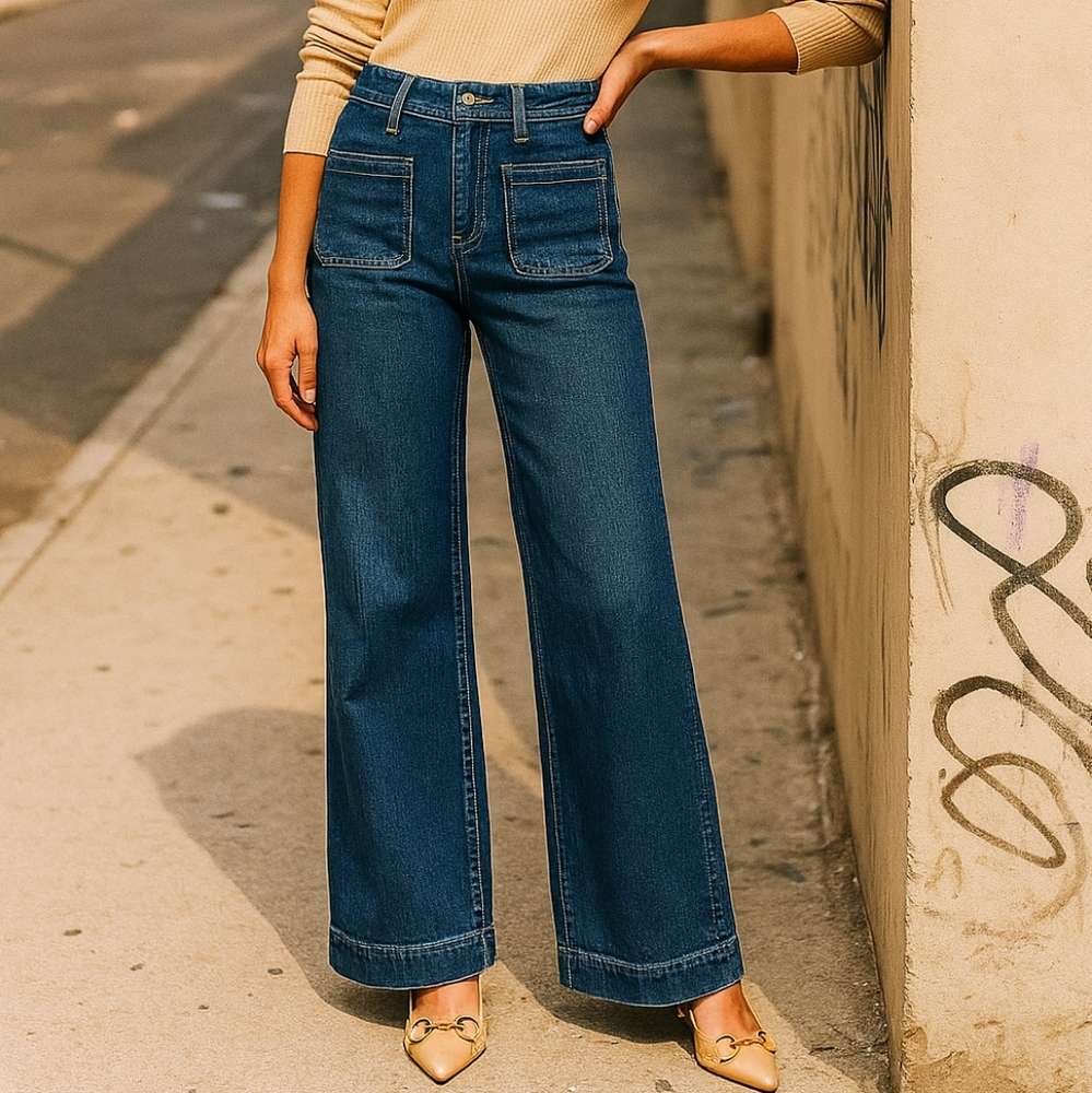 Retro High-Rise 70s Patch Pocket Pants Slim Vintage Wash Wide Leg Denim Jeans